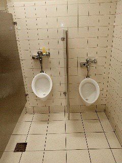 Two wall-mounted urinals with a privacy divider in a tiled restroom.